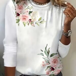 Floral Print White Soft Jersey Long Sleeve CrewbeckTop 3D Floral Pattern